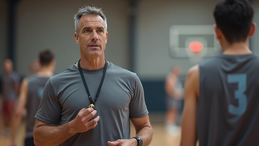 Basketball coach instructing players during practice session