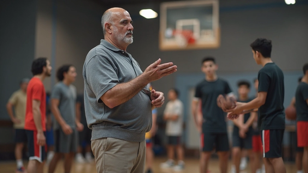 Professional basketball coaching session with instructor demonstrating technique to group of players