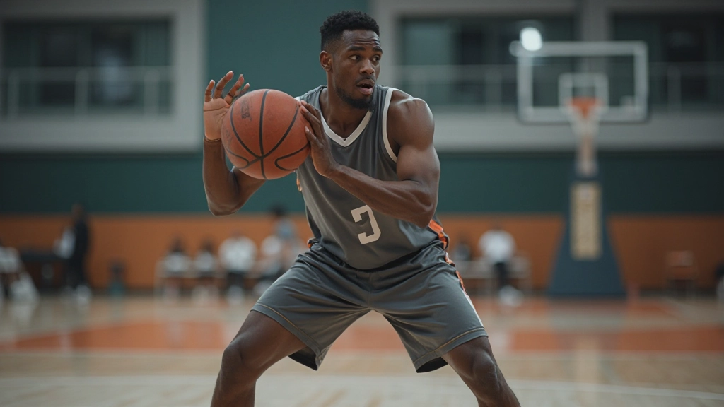 Professional basketball player demonstrating defensive stance with proper knee bend and hand positioning