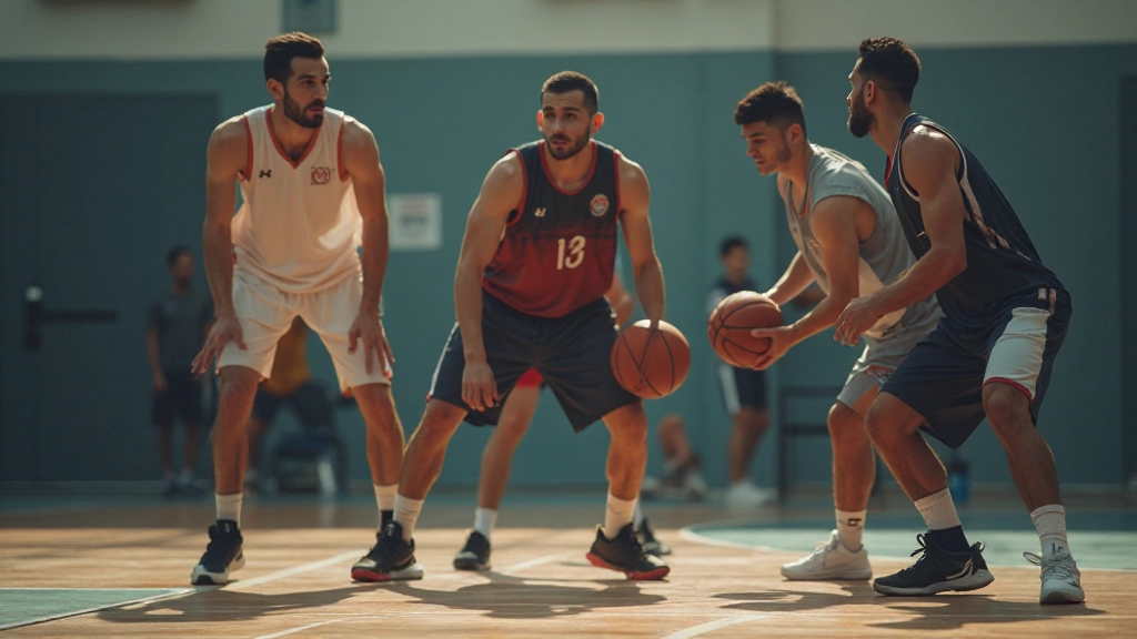 Basketball defensive positioning demonstration with players in stance