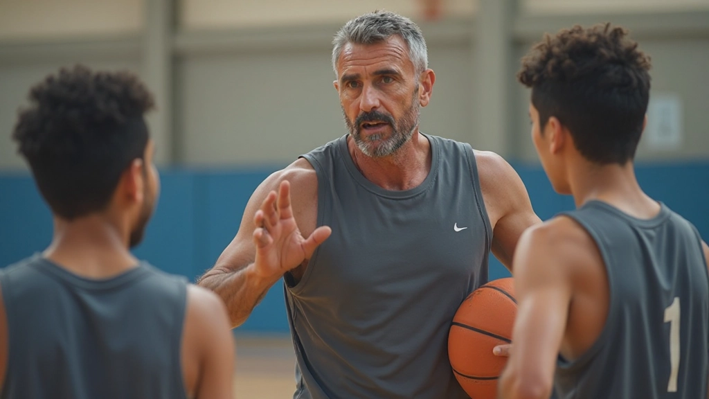 Basketball coach demonstrating defensive technique to young players during practice session
