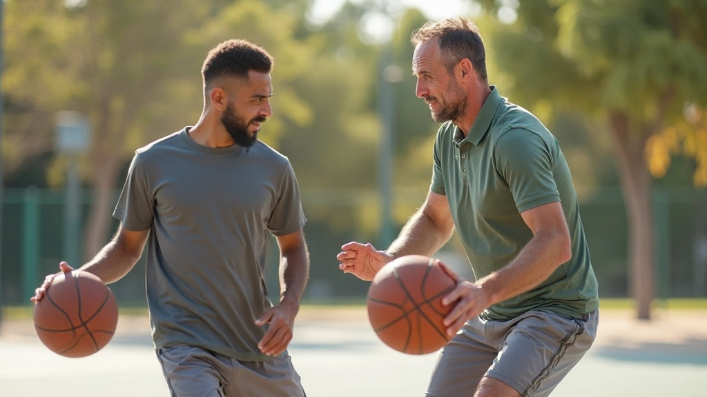 Basketball coach instructing player on proper crossover dribbling technique