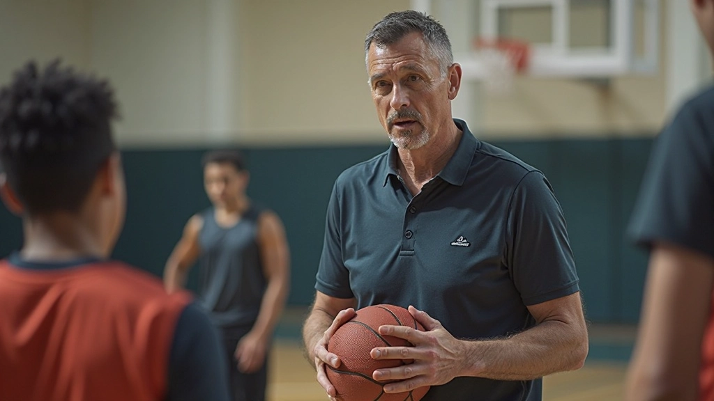Basketball coach instructing players during team practice session at indoor court