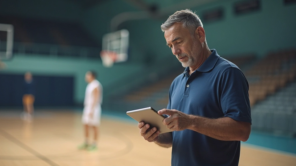 Professional coach reviewing basketball game footage on tablet during practice session