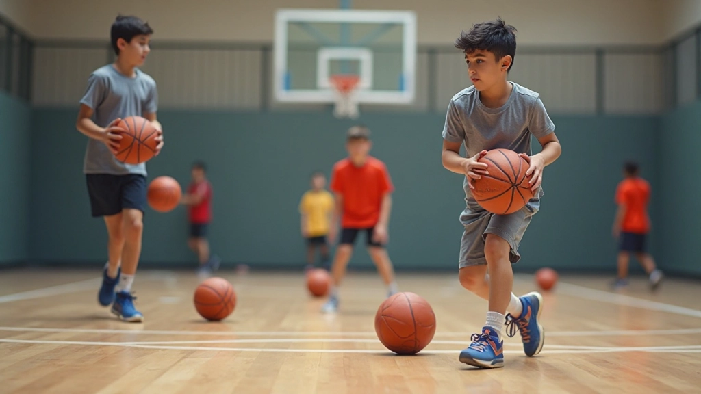 Young basketball players practicing fundamental ball handling drills in an indoor gymnasium